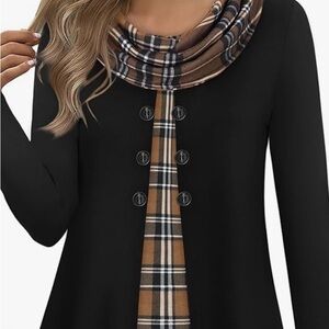 Bebonnie Womens Long Sleeve Cowl Neck Warm Splicing Tunic Tops with Buttons